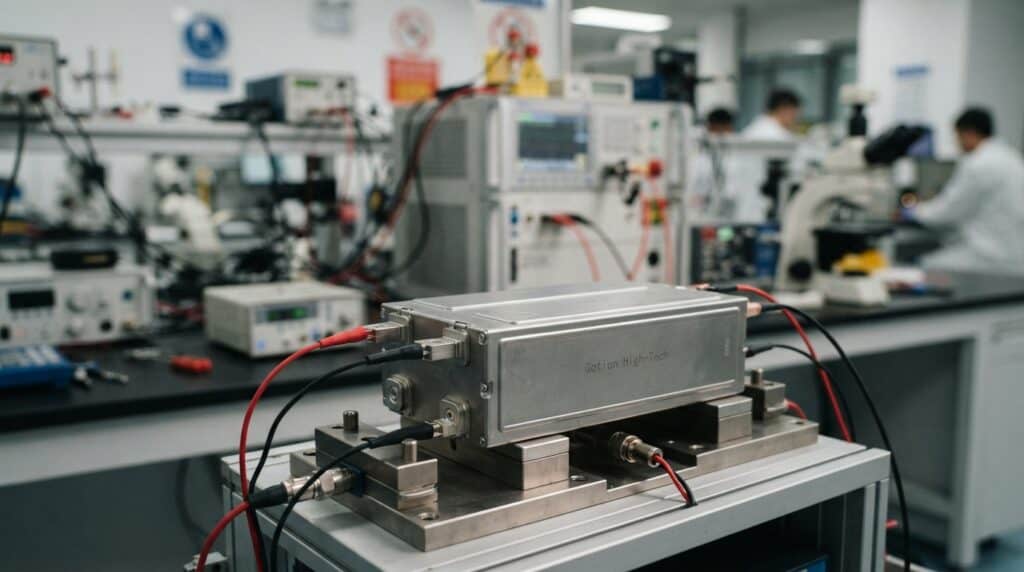 Bir laboratuvarda test cihazına bağlı büyük bir Gotion High-Tech katı hal batarya hücresi görülmektedir.