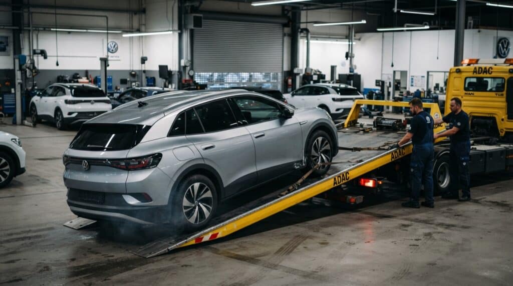 Bir Volkswagen ID.4 elektrikli araç, bakım merkezinde ADAC çekicisinin rampasına yükleniyor.