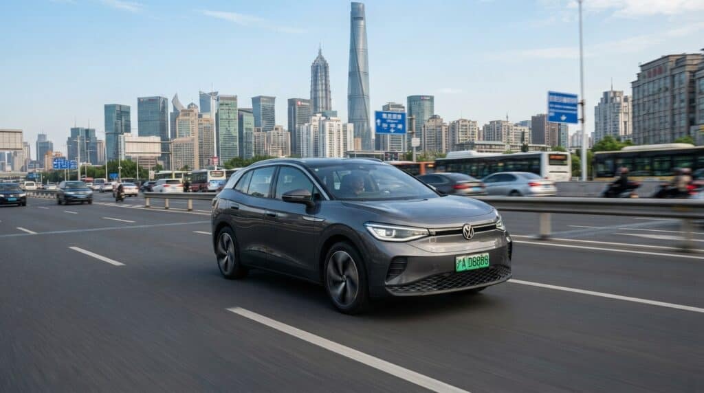 Gri renkli Volkswagen ID. serisi bir elektrikli SUV, Şanghay'ın silüetinin ve gökdelenlerinin altında otoyolda seyrediyor.