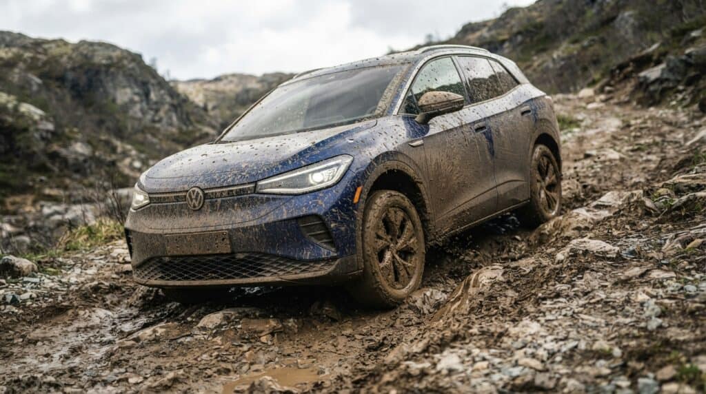 Çamurlu bir arazide sürüş testi yapan mavi renkli Volkswagen ID.4 elektrikli SUV.