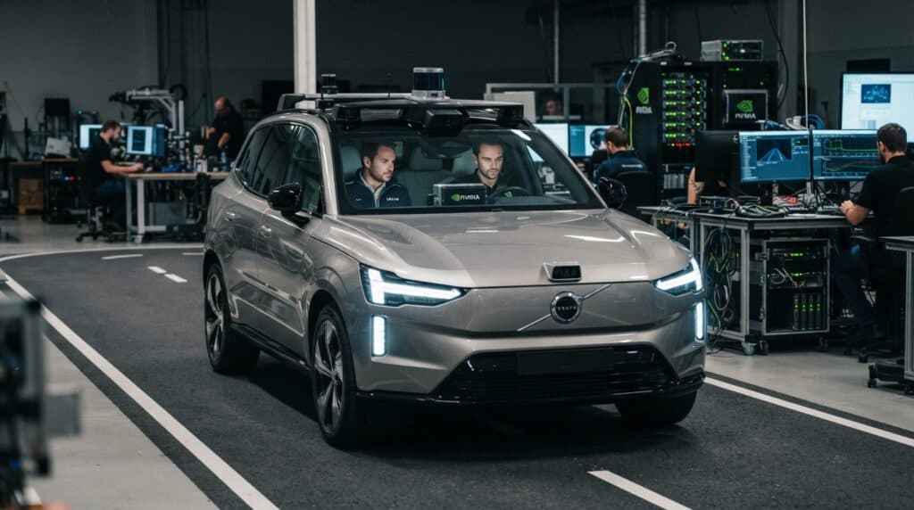 Nvidia teknolojisiyle donatılmış tavan sensörlerine sahip gri renkli bir Volvo otonom test aracı içindeki sürücü ve yolcuyla birlikte fabrikada test sürüşü yapı