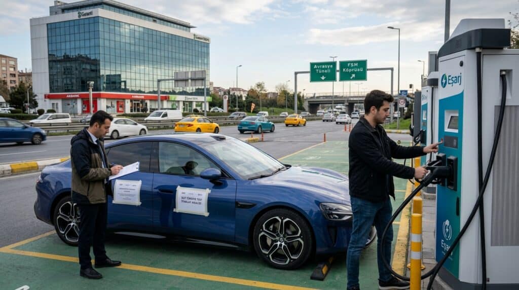 Xiaomi SU7 Türkiye’ye Gelir mi? Fiyat, ÖTV ve Şarj Analizi 2 Mavi renkli Xiaomi SU7 elektrikli otomobil Eşarj istasyonunda şarj edilirken görevliler tarafından test ediliyor.