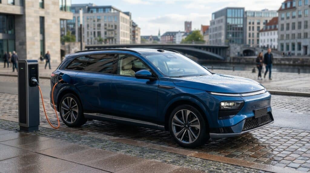 Avrupa pazarındaki Xpeng G9L elektrikli SUV modelinin sokaktaki bir şarj istasyonuna bağlı olarak park halindeki yandan görünümü.