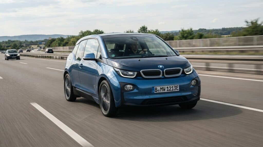 Yeni BMW i3, Tek Şarjla 1.213 Kilometre Yol Kat Etmeyi Başardı 2 Mavi renkli bir BMW i3 elektrikli otomobil, otoyolda seyir halindeyken önden ve yandan görülüyor.