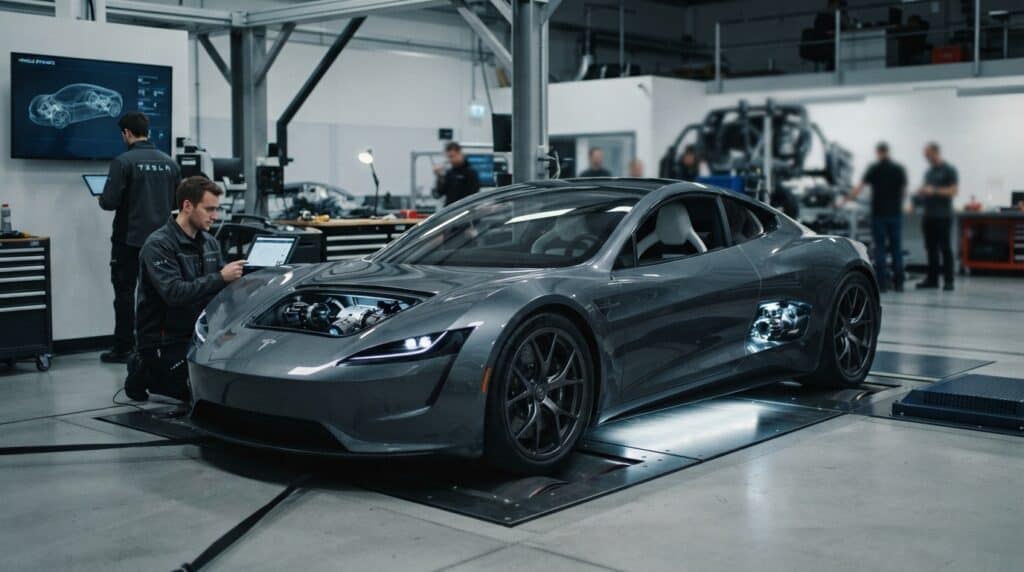 Yeni Nesil Tesla Roadster'ın Teknik Detayları Netleşti: Uçan Model Geri Sayımda 2 Fabrikada çalışanların incelediği gri renkli Tesla Roadster modeli yer alıyor.