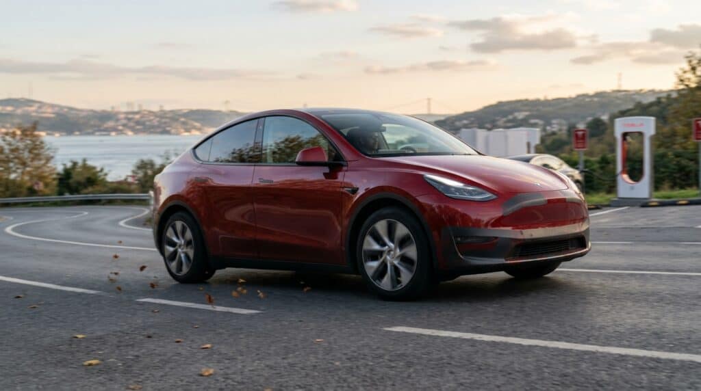 Ön kısmı kamuflaj kaplı kırmızı bir Tesla Model Y, deniz manzaralı bir yolda seyir halinde.