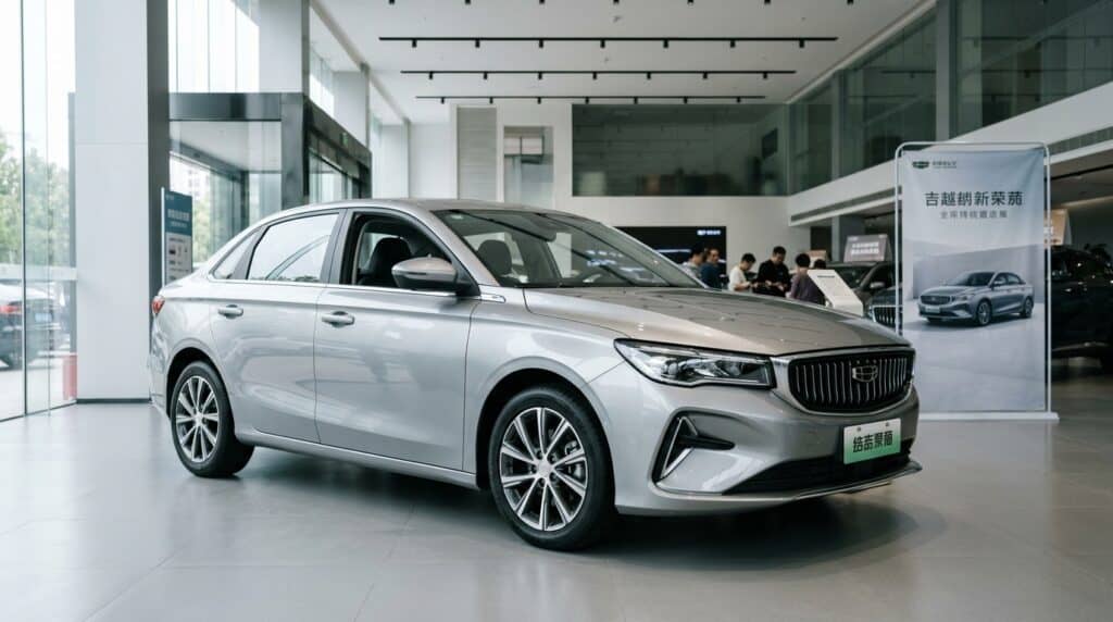 Yenilenen Geely Emgrand Çin'de Satışa Çıktı: Uygun Fiyatlı Sedan Güncellendi 3 Bir otomobil galerisinde sergilenen gümüş renkli Geely Emgrand sedan model araç.
